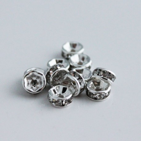 6mm Silver Plated Glass Rhinestone Rondelle Beads - Pack of 10