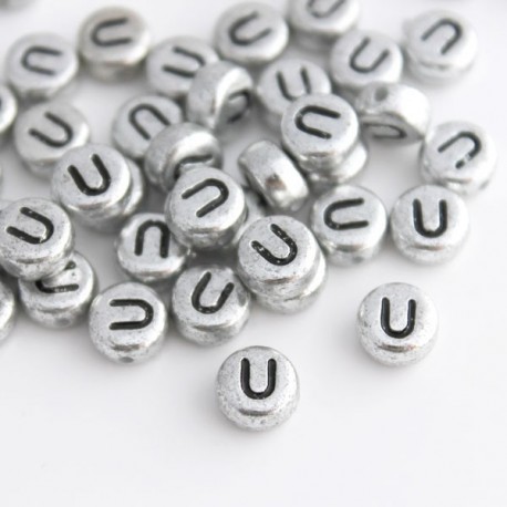 7mm Silver Acrylic Alphabet Beads - Letter "U" 
