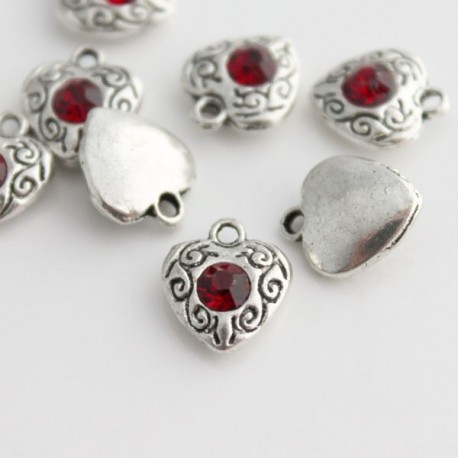 12mm Heart Charm - Red Rhinestone - Pack of 1