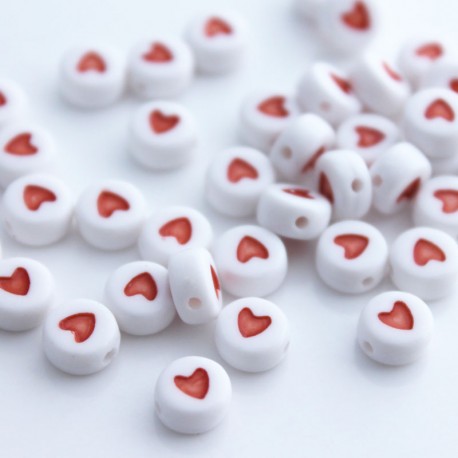 7mm Acrylic Alphabet White Beads - Red Heart Spacer