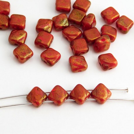 Czech Glass Silky 2-Hole Beads 6mm - Red Gold Terracotta Lustre