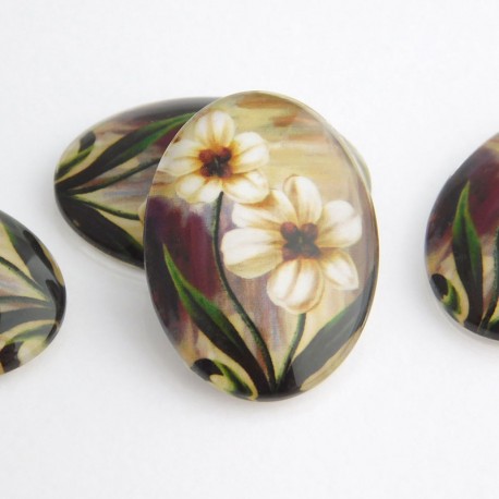 Glass Oval Floral Cabochons 25mm x 18mm