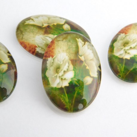 Glass Oval White Poppy Cabochons 25mm x 18mm