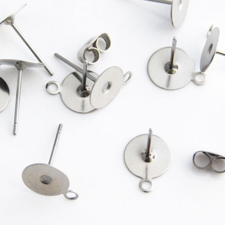 8mm Stainless Steel Flat Pad Earring Studs with Loop (grade 316L) - 5 Pairs