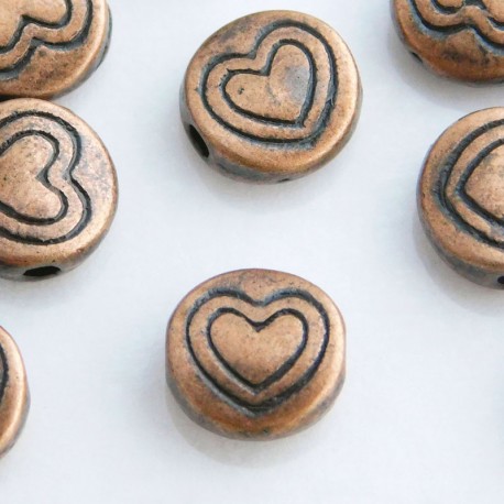6.5mm Flat Round Heart Beads - Antique Copper Tone - Pack of 25