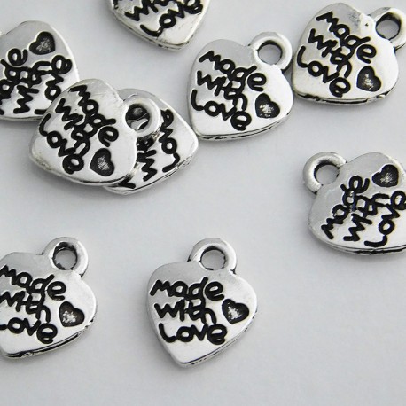 12mm "made with love" Heart Charm - Antique Silver Tone - Pack of 10