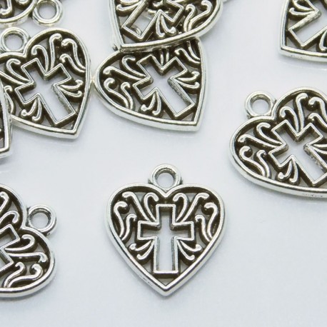 16mm Heart with Cross Filigree Charm - Antique Silver Tone - Pack of 6