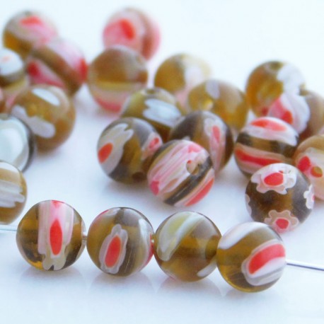 Millefiori 6mm Round Glass Beads - Amber - Pack of 30