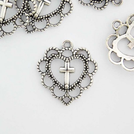 22mm Filigree Heart & Cross Charm - Antique Silver Tone - Pack of 6