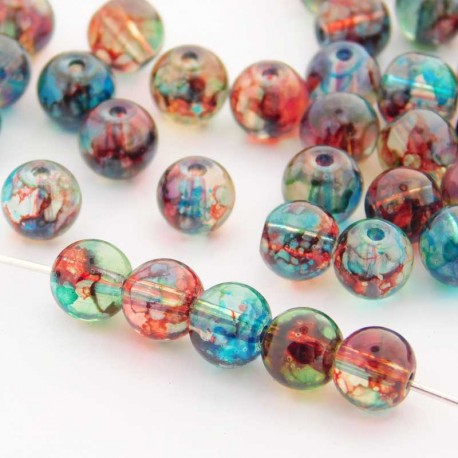 6mm Marbled Glass Beads - Clear Multicoloured - Pack of 60