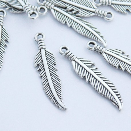 27mm Feather Charm - Antique Silver Tone - Pack of 8