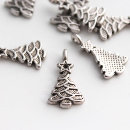 21mm Christmas Tree Charm - Antique Silver Tone - Pack of 10