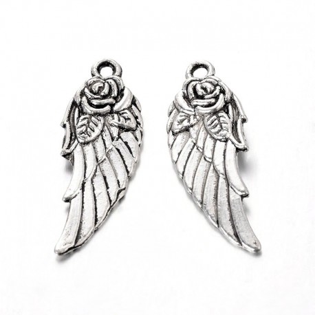 30mm Wing with Flower Charm - Antique Silver Tone - Pack of 1