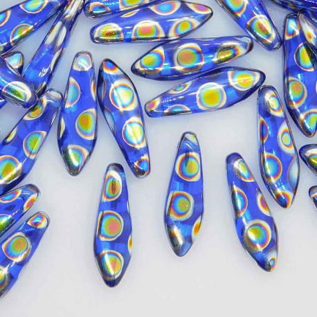 Czech Glass Dagger Beads 5mm x 16mm - Sapphire Vitrail Dots - Pack of 10