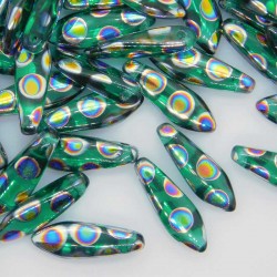 Czech Glass Dagger Beads 5mm x 16mm - Emerald Vitrail Dots - Pack of 10
