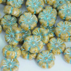 9mm Czech Pressed Flowers - Turquoise Picasso - Pack of 10