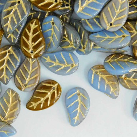 14mm Czech Pressed Leaves - Blue-Brown Gold - Pack of 10
