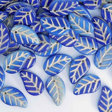 14mm Czech Pressed Leaf Beads - Mixed Blue Lt. Gold - Pack of 10