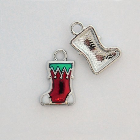 17mm Christmas Stocking Enamel Charm - Silver Tone - Pack of 1