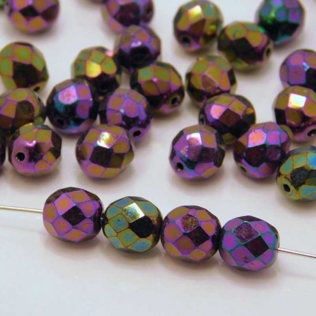 8mm Fire Polished Czech Glass Beads - Jet Purple Iris - Pack of 25