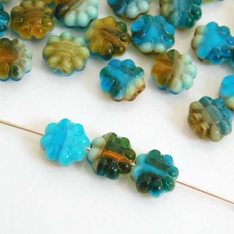 9mm Czech Pressed Daisy Flowers - Aqua Coffee Brown - Pack of 20