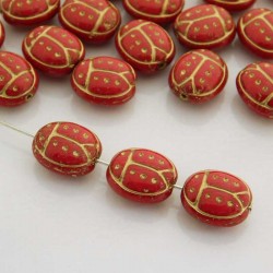 13mm Czech Pressed Glass Ladybird Bead - Red Gold - Pack of 1