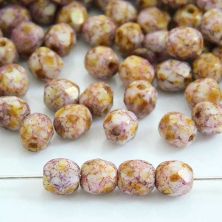 6mm Fire Polished Czech Glass Beads - Chalk Lila Gold Lustre - Pack of 50