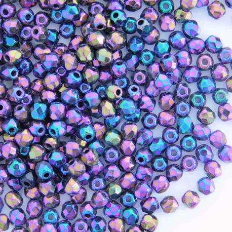 3mm Fire Polished Czech Glass Beads - Jet Purple Iris - Pack of 50