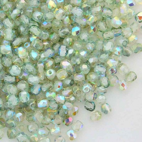 3mm Fire Polished Czech Glass Beads - Crystal Green Rainbow - Pack of 50