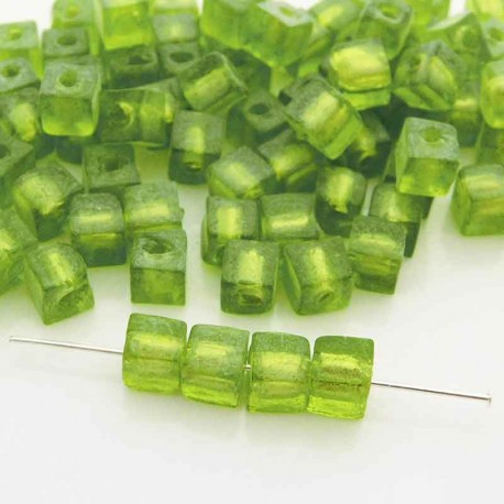 6mm Glass Cube Beads - Green Silver Foil - Pack of 1