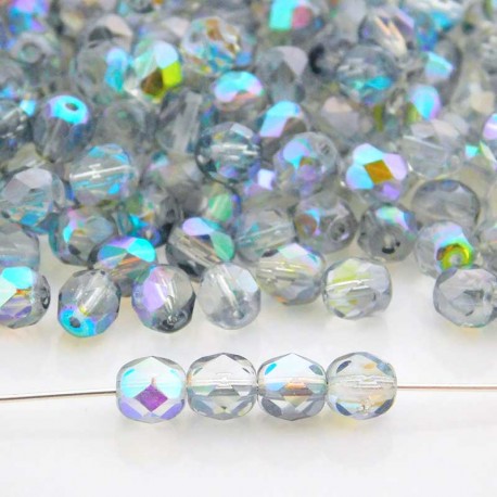 6mm Fire Polished Czech Glass Beads - Crystal Blue Rainbow - Pack of 50