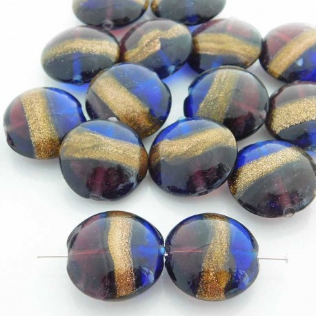 20mm Goldsand Glass Coin Beads - Cobalt Blue and Plum - Pack of 1