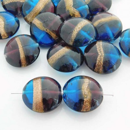 20mm Goldsand Glass Coin Beads - Dark Aqua and Plum - Pack of 1
