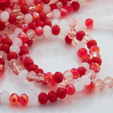 4mm x 6mm Crystal Rondelle Beads - Red, Pink & White Mix - 48cm Strand