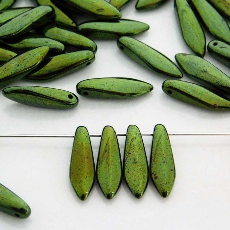 Czech Glass Dagger Beads 5mm x 16mm - Jet Red-Green Lustre - Pack of 10