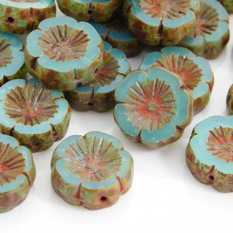 14mm Czech Table Cut Flowers - Opal Aqua Travertine - Pack of 1