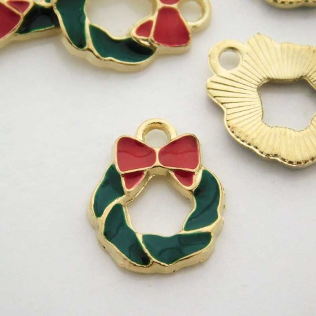 15mm Christmas Wreath Enamel Charm Light Gold - Pack of 1