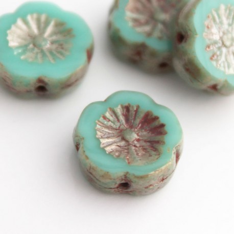 12mm Czech Table Cut Flowers - Green Turquoise Picasso - Pack of 1