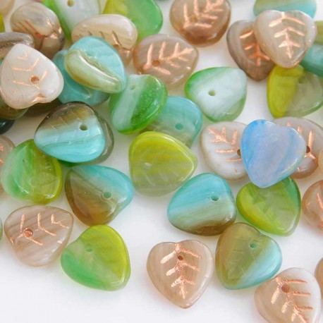 10mm Czech Pressed Glass Leaf Beads - Mixed Colours - Pack of 60
