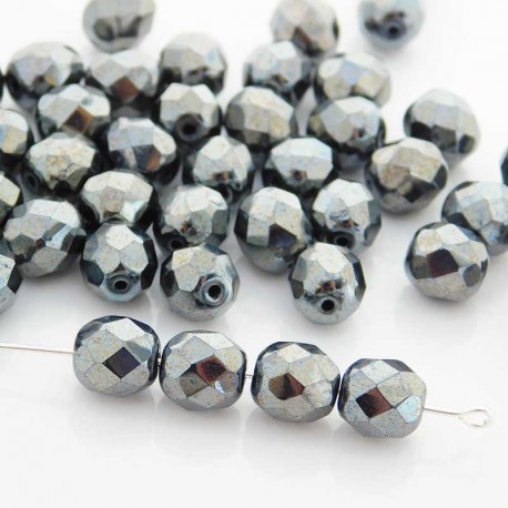 8mm Fire Polished Czech Glass Beads - Jet Hematite - Pack of 25
