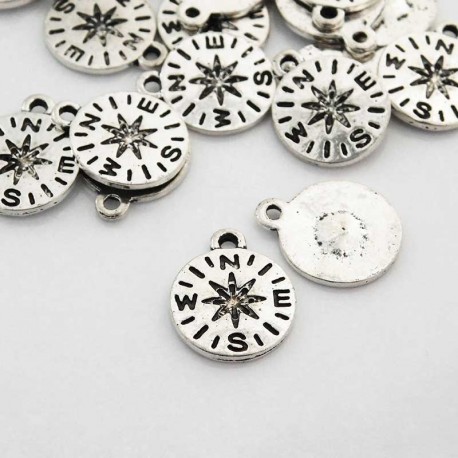 13mm Compass Charm - Antique Silver Tone - Pack of 1