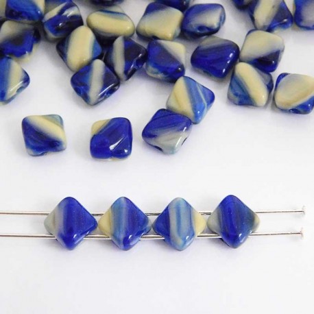 Czech Glass Silky 2-Hole Beads 6mm - Cobalt & Cream - Pack of 30