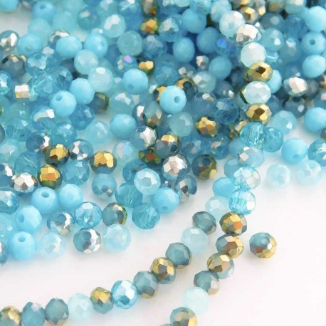 3mm x 4mm Crystal Glass Rondelles - Blue Silver Gold Mix - Pack of 100