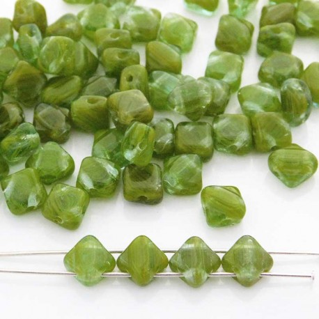 Czech Glass Silky 2-Hole Beads 6mm - Olivine Swirl - Pack of 30