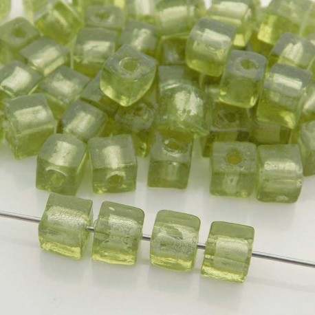 6mm Glass Cube Beads - Light Olive Silver Foil - Pack of 1