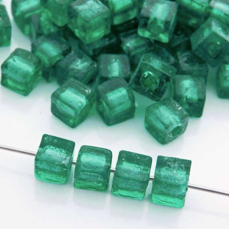 6mm Glass Cube Beads - Teal Green Silver Foil - Pack of 1