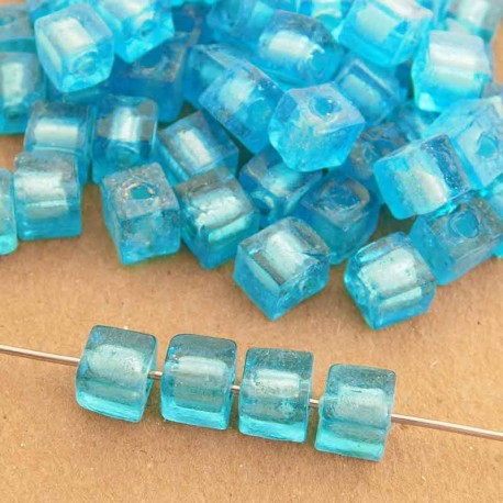 6mm Glass Cube Beads - Aqua Blue Silver Foil - Pack of 1