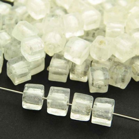 6mm Glass Cube Beads - White Silver Foil - Pack of 1