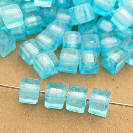 6mm Glass Cube Beads - Light Aqua Silver Foil - Pack of 1