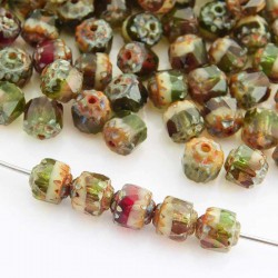 6mm Czech Cathedral Glass Beads - Alabaster Green Travertine - Pack of 10